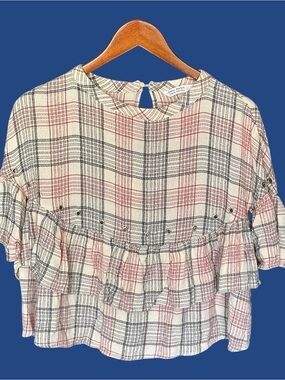 Zara Basic Plaid Ruffle Eyelet Top with Bell Sleeves -Cream/Red Size M